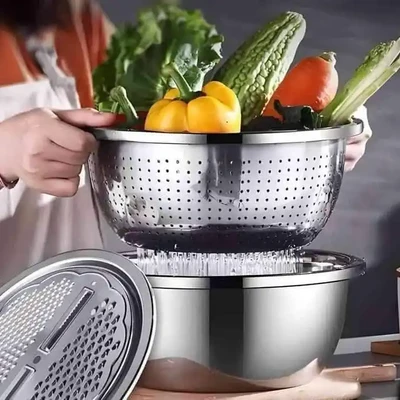 3 In 1 Multifunctional Stainless Steel Basin With Vegetable Cutter + Drain Basket
